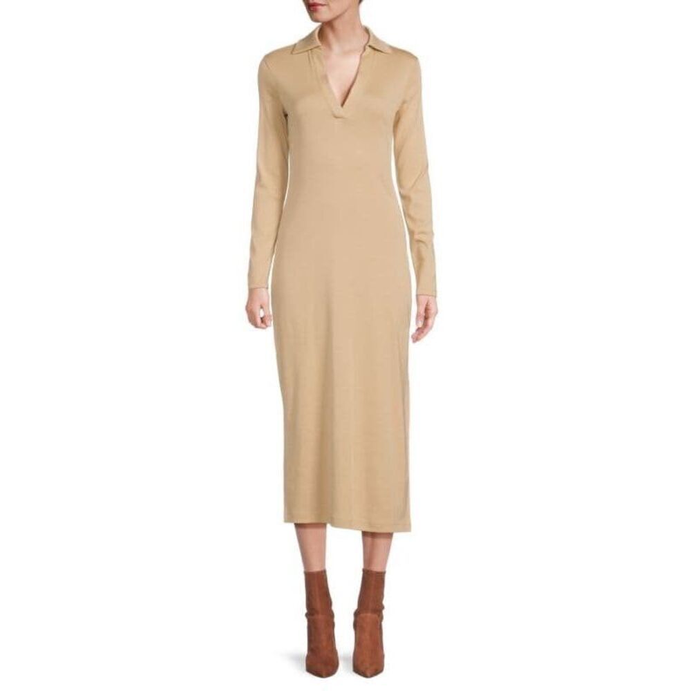 Vince Women's Tan Johnny Collar Luxurious Pima Cotton Midi Dress Size Large NWOT